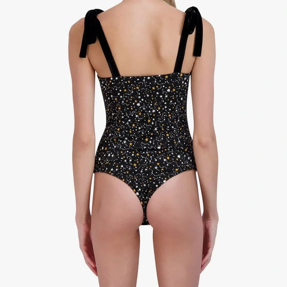 New bodysuit corset top velvet ribbon straps yellow black white stars medium